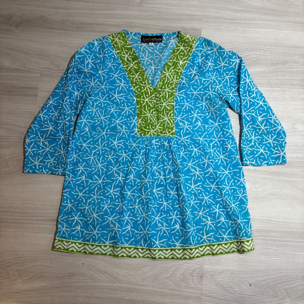 Haute Latitude Tunic Top Womens Blue Green Abstract Print 3/4 Sleeve India Sz S